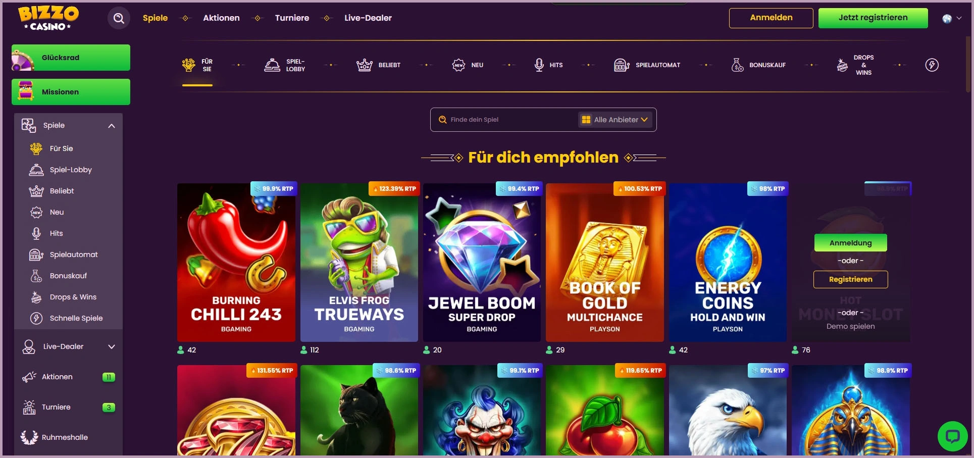 Entdecke die vollständige Slot-Sammlung bei Bizzo Casino