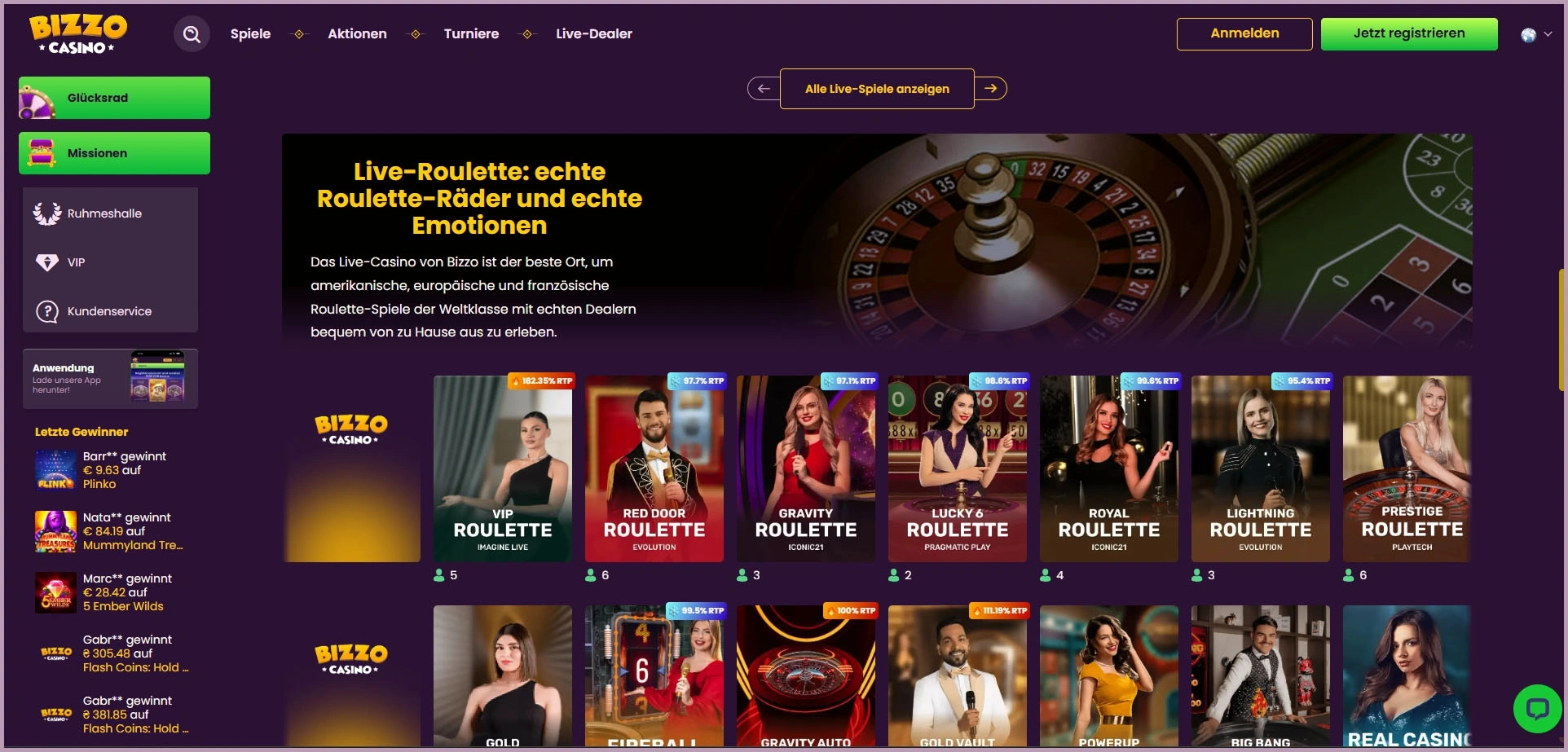 Übersicht der Live-Anbieter bei Bizzo Casino